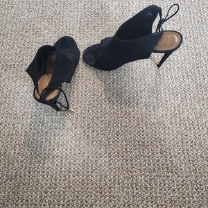 Aquazzura Firenze Black Suede heels with tie back, size 8